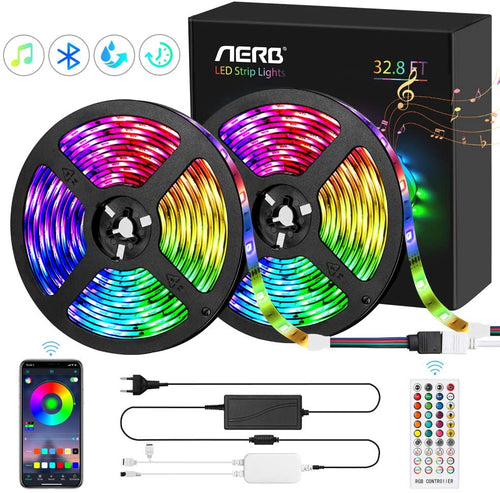 Aerb 10M Bluetooth Striscia LED RGB 5050, Impermeabile IP65,TV Retroilluminazione 16 Colori 4 Mode, 300LEDs 12V 5A, Funzione Musicale, Smart Controllo APP e Telecomando, Ricarica USB, Per Decorazioni
