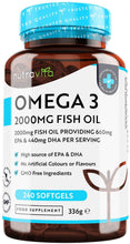 Carica l'immagine nel visualizzatore di Gallery, Omega 3 Olio di Pesce da 2000 mg - 660 mg EPA e 440 mg DHA per Porzione - 240 SoftGel Capsule di Olio di Pesce Puro - Fornitura per 4 Mesi - Prodotto nel Regno Unito da Nutravita