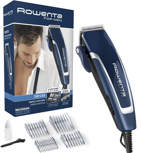 Rowenta TN1600 Driver Tagliacapelli, Lame in Acciaio Inox, Motore AC, 4 Pettini Fissi, 3 Microimpostazioni per Rifinitura Precisa, Blu e Bianco