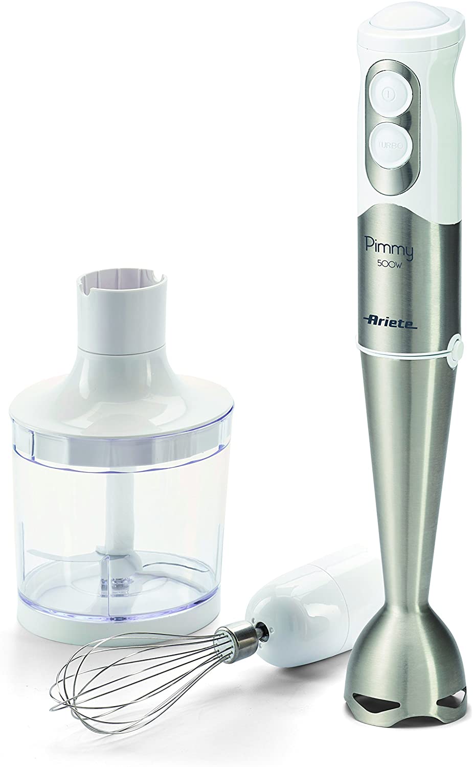 Ariete Pimmy 3 in 1 Frullatore a Immersione, Tritatutto, Frusta Elettrica, 1 Litro, 500 W, Acciaio Inossidabile, 2 velocità, Bianco