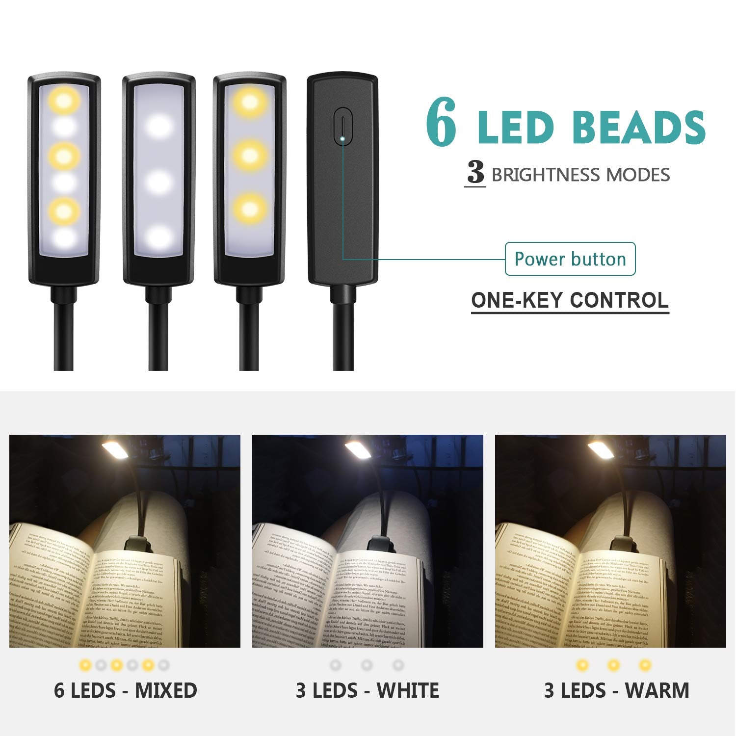 Luce da lettura ricaricabile, luce da lettura a LED, clip, 3 modalità Luce da lettura ricaricabile, luce da lettura a LED, clip, 3 modalità