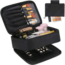 Carica l'immagine nel visualizzatore di Gallery, Porta Trucchi da Viaggio,Trousse da viaggio portatile Con contenitore per gioielli e vano spazzole Utilizzato in cosmetici pennelli per il trucco anelli orecchini collane, nero