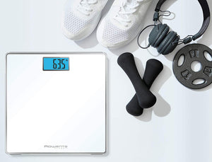 Rowenta BS1501 Classic, bilancia pesapersone elettronica, 31x31 cm, fino a 160 Kg con graduazione di precisione ogni 100g, spessore di 22 mm, batterie incluse, vetro temperato, bianco