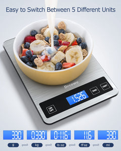 Drcowu Bilancia Cucina Digitale, 15kg Bilancia da Cucina Professionale con Funzione Tare, Grande Display LCD, Alta Precisione 1g/0,1oz Pesa Alimenti, Facile da Leggere e da Usare, Argento
