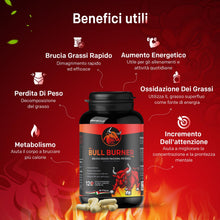 Carica l'immagine nel visualizzatore di Gallery, BullBurner Brucia Grassi Potenti Veloci, Drenante Forte Dimagrante Efficace, 120 Capsule per Dimagrire Velocemente Donna e Uomo con Glucomannano, Carnitina, Bromelina, Te' Verde - Prodotto in Italia