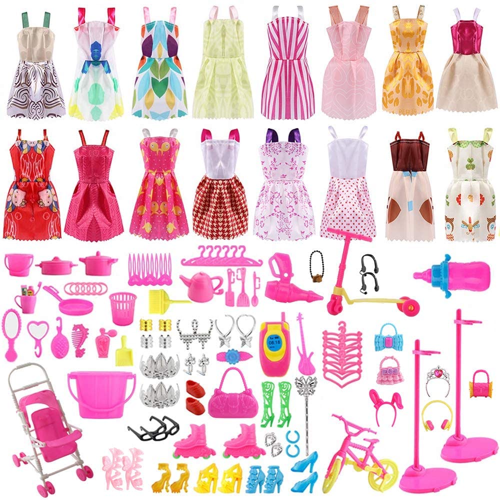 ASANMU 130 Pezzi Vestiti e Accessori per Bambole Dolls, Abito per Dolls Gonna Moda Scarpe Oggetto Rosa Grucce per Bambole Dolls Accessori per della Ragazza Compleanno Regalo Natale Giorno dei Bambini