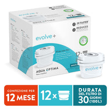 Carica l'immagine nel visualizzatore di Gallery, Cartuccia filtro acqua Aqua Optima - Confezione da 12 Evolve+ (fornitura per 12 mesi), sistema di filtraggio a 5 stadi che riduce il cloro, il calcare e altre impurità