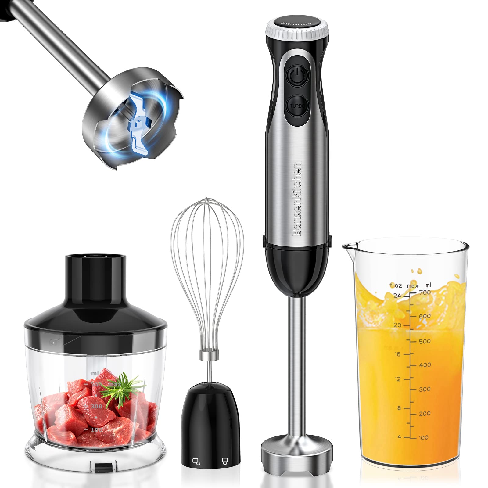 Frullatore a Immersione Multifunzione 5 in 1, Reemix Minipimer in Acciaio Inox, 1000 W, 12 Velocità
