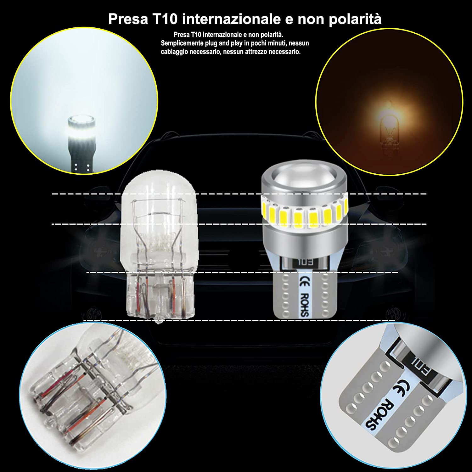 Portalampada Attacco T10 W5W | Per Lampadine LED Auto | Collegamento Cavo Luce Interna - Foto 2