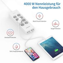 Carica l&#39;immagine nel visualizzatore di Gallery, Ciabatta Multipresa, NTONPOWER 8 Schuko con 1700 Joule Protezione da Sovratensioni e 5 Porte USB, 4000W/16A, 3 Metri Lunga Cavo - Bianco