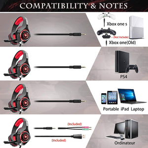 Beexcellent GM-1, Cuffie da gaming con microfono e Bass stereo, Cancellazione del rumore, Controllo del volume, Illuminazione a LED, Colore Rosso