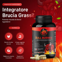 Carica l'immagine nel visualizzatore di Gallery, BullBurner Brucia Grassi Potenti Veloci, Drenante Forte Dimagrante Efficace, 120 Capsule per Dimagrire Velocemente Donna e Uomo con Glucomannano, Carnitina, Bromelina, Te' Verde - Prodotto in Italia