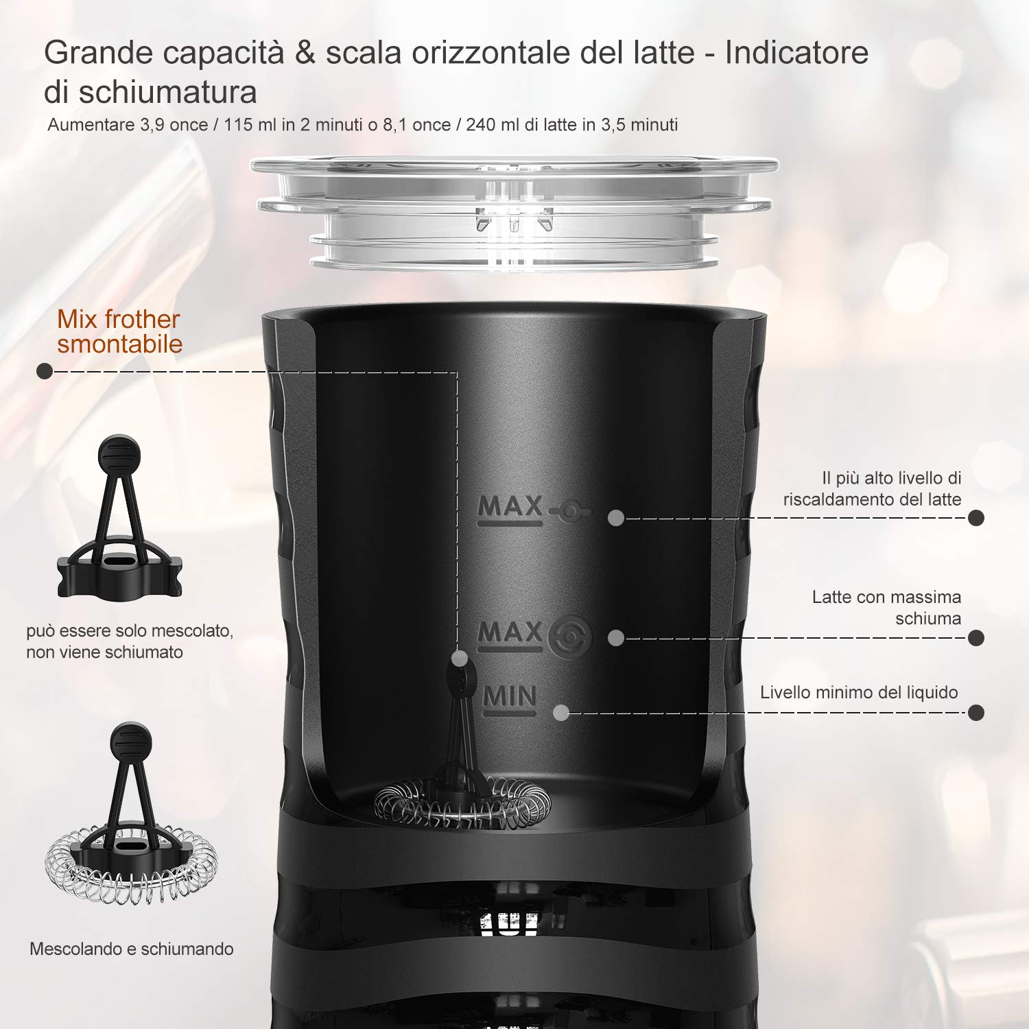 Montalatte Elettrico HOUSNAT 4 In 1 - 500W Per Cappuccino, Cioccolata E Schiuma Fredda - Foto 9