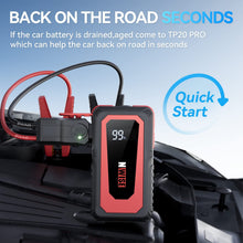 Carica l'immagine nel visualizzatore di Gallery, Avviatore di emergenza per auto, 2000A 20000mAh Avviatore per batteria per auto/moto Avviatore di emergenza per auto 12V Power bank portatile, torcia a LED, porta USB per smartphone