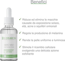 Carica l'immagine nel visualizzatore di Gallery, Siero Viso Antimacchie BIO CERTIFICATO da 50 ml ad Azione Intensiva. Agisce su tutti i tipi di macchie (sole, acne, età, squilibri ormonali) e ne previene la formazione 100% Made in Italy
