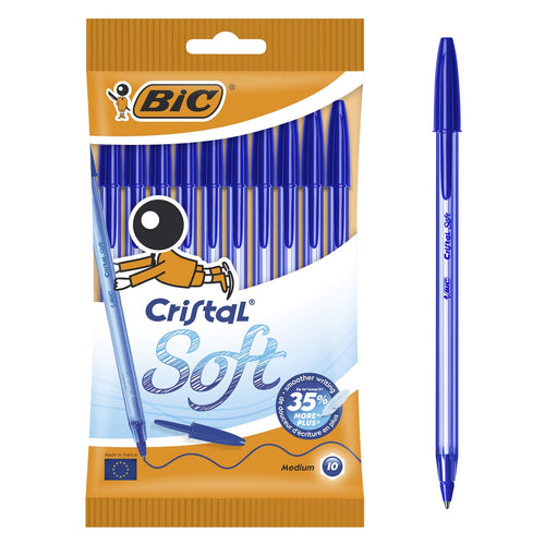 BIC Cristal Soft, Penne Blu a Sfera, Fornitura per Cancelleria Scuola, Punta Media (1.2mm), Confezione 10 Unità