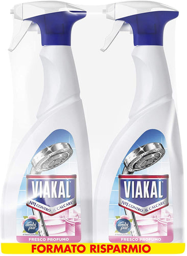 Viakal Anticalcare Detersivo Spray per Bagno, 2 bottiglie da 700 ml, Fresco Profumo Ambi Pur, Rimuove Sporco e Batteri, Azione Totale Sul Calcare, Brillantezza Duratura, Maxi Formato