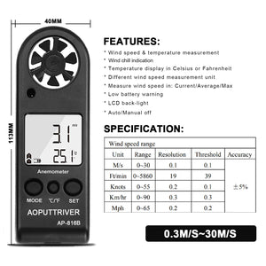AOPUTTRIVER Anemometro Digitale anemometro Portatile per AP-816B Anemometer - Ilgrandebazar