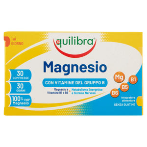 Equilibra Integratori Alimentari, Magnesio con Vitamine del Gruppo B, Integratore Magnesio e Vitamine B1, B5 e B6, Per il Normale Metabolismo Energetico, Senza Glutine, 30 Compresse Magnesio con Vitamine Gruppo B 30 Compresse