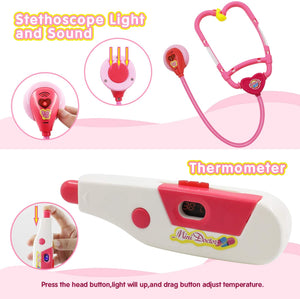 Victarvos Kit Dottore Giocattolo per Bambini 3 Anni, Medico Dottoressa Giocoin con Luci e Suono in Rosa, Giochi di Ruolo per Bambina, Bambola Giocattolo, 15 Pezzi