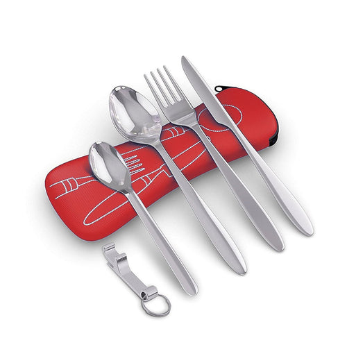 5 Premium Acciaio Inossidabile Set Posate da Campeggio - Cucchiaio Rosso - Ilgrandebazar