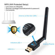 Carica l&#39;immagine nel visualizzatore di Gallery, Adattatore Antenna USB WiFi Chiavetta Wifi con 2dBi 600Mbps - Ilgrandebazar