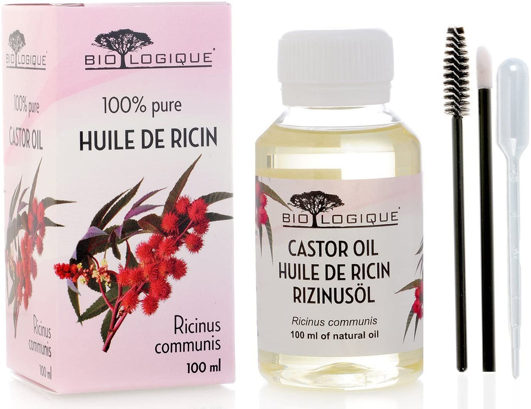 Olio di ricino – olio 100% puro spremuto a freddo - stimola la crescita dei capelli, ciglia e sopracciglia, rinforza le unghie. È un ottimo rimedio per la tua pelle. Con un set di applicatori - 100 ml