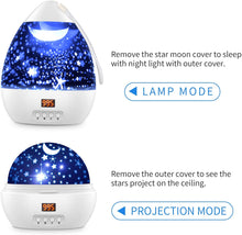 Carica l&#39;immagine nel visualizzatore di Gallery, Proiettore Stelle Soffitto Romantica Luce Notturna del Cielo Stellato con Timer, 17 Modalità Colore di Proiezione, 360° Rotazione Lampada da Comodino Camera da Letto, Regalo per Bambini Neonati-Bianco