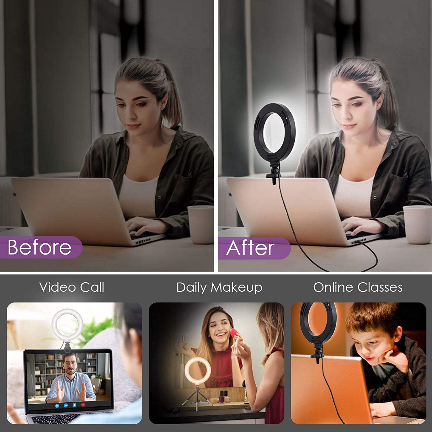 Luce Ad Anello Per Videoconferenze Con Treppiede E Clip – 6 LED, 3 Colori E 10 Livelli Di Luminosità Per Zoom, TikTok E Trucco