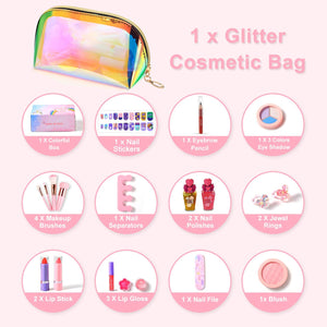 ARANEE 21PCS Set da trucco per bambini per bambina, kit giocattolo trucco lavabile con borsa cosmetica glitter