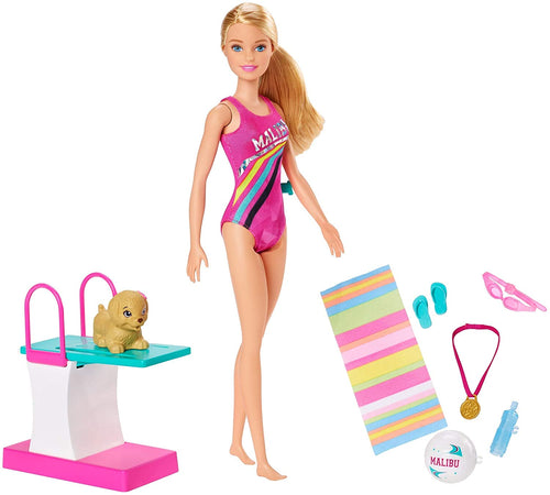 Barbie- Dreamhouse Adventures Bambola Nuotatrice in Costume con Trampolino e Cucciolo Giocattolo per Bambini 3+ Anni, GHK23