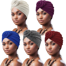 Carica l'immagine nel visualizzatore di Gallery, DRESHOW 5 Pezzi Donne Africana Turbante Sciarpa Avvolge Testa Boho Turbante Elastico Annodato Berretto Pre-annodato Berretto Chemio Cappello 5 Pack Donuts: Hemp Ash, White, Royal Blue, Purple, Wine
