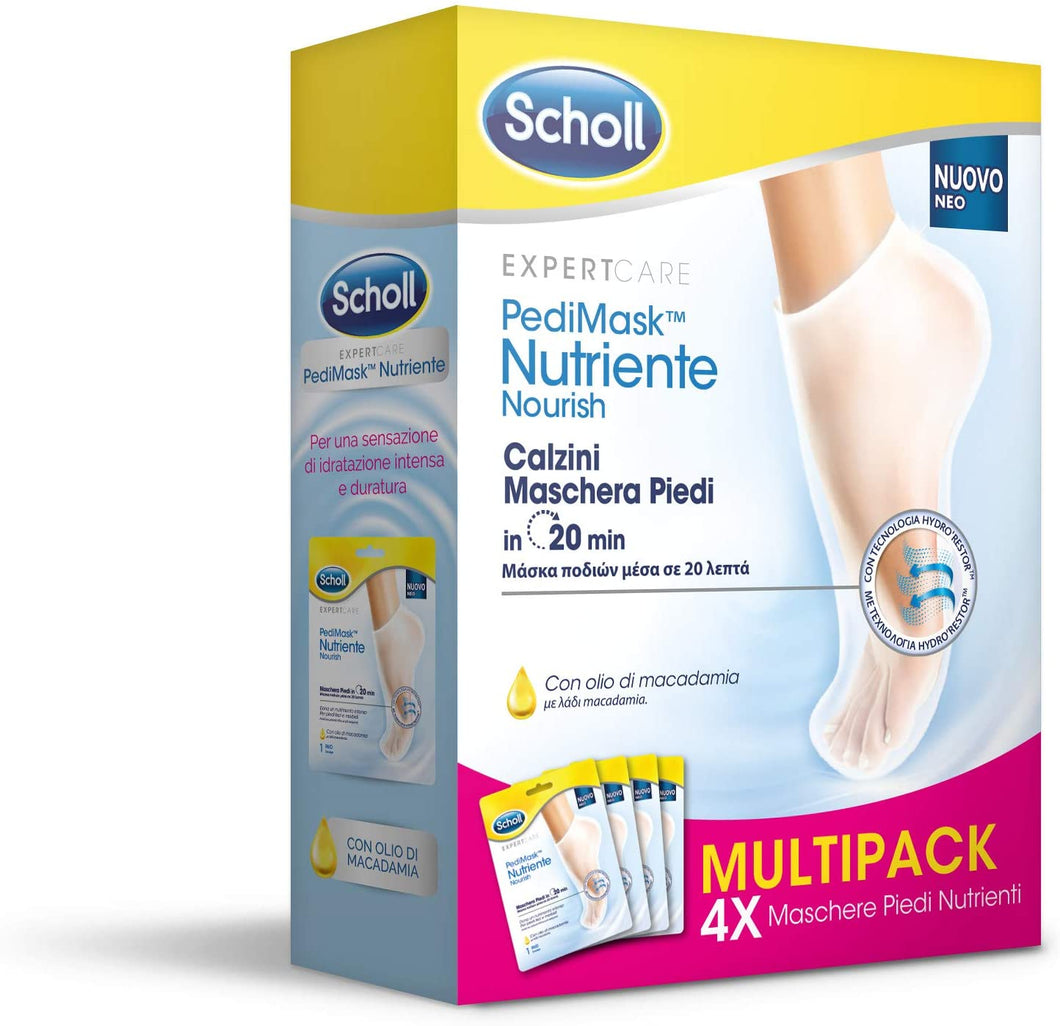 Scholl Pedimask Maschera Piedi Nutriente con Olio di Macadamia, 4 Paia di Calzini Idratanti, Tempo di azione: 20 minuti