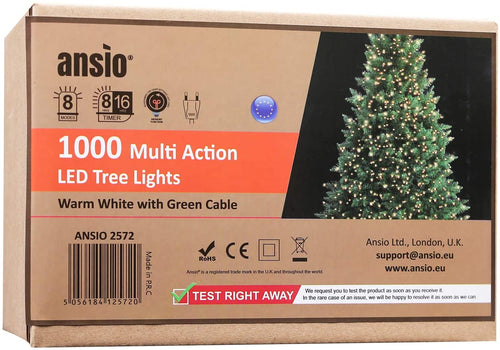 ANSIO Luci natalizie per interni e esterno 1000 LED albero luci Bianco Caldo, 8 modalità con memoria e funzione timer, alimentate, trasformatore incluso 25m Lunghezza illuminata- CAVO VERDE