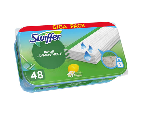 Swiffer Lavapavimenti Wet, 48 Panni Umidi, Limone, Maxi Formato, Pulizia Igienica Profonda, Rimuove Sporco e Batteri, per Tutti I Tipi di Pavimenti 48 Unità