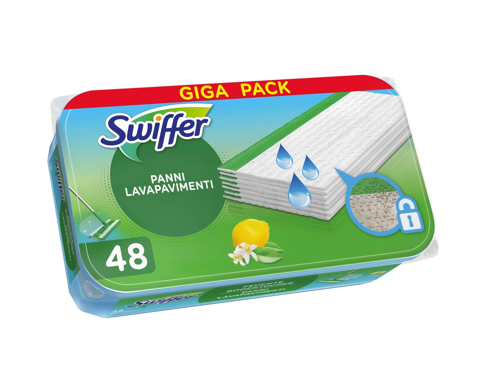 Swiffer Lavapavimenti Wet, 48 Panni Umidi, Limone, Maxi Formato
