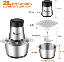 Carica l'immagine nel visualizzatore di Gallery, NWOUIIAY Tritatutto Elettrico 600 W con 2L Ciotola in Acciaio Inox 2 Velocità con 4 Lame Affilate Frullatore Tritatutto con Motore Potente Robot da Cucina per Frutta Verdura Carne Spezie