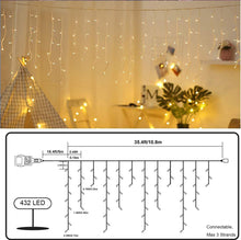 Carica l&#39;immagine nel visualizzatore di Gallery, Qedertek 432 LED Cascata Luci da Esterno, 10M Tenda Luminosa Bianco Caldo, Luci Nataliazie da Esterno con Telecomando, Tenda led con 8 modalità, Luci Decorazione Natale per Feste, Finestra, Blacone