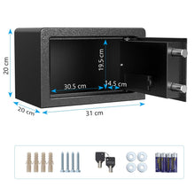 Carica l'immagine nel visualizzatore di Gallery, HAPFIY Cassaforte a mobile 8,6L, Cassaforte a muro Elettronica Sicurezza con 2 emergenza Chiave e Codici Allarme incorporato, Armadi di Sicurezza per documenti per ufficio a casa 31×20×20cm Nero