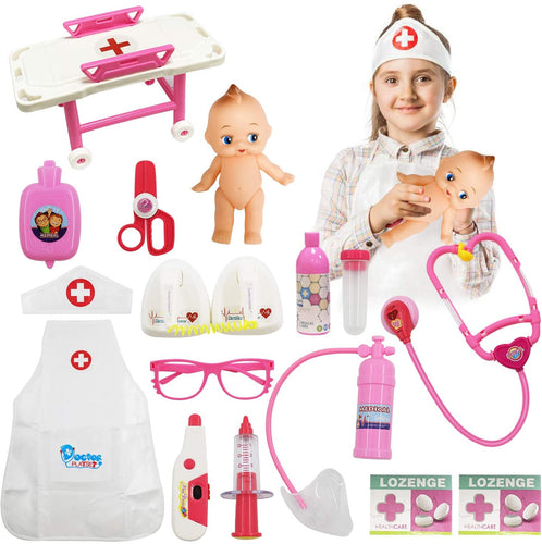Victarvos Kit Dottore Giocattolo per Bambini 3 Anni, Medico Dottoressa Giocoin con Luci e Suono in Rosa, Giochi di Ruolo per Bambina, Bambola Giocattolo, 15 Pezzi