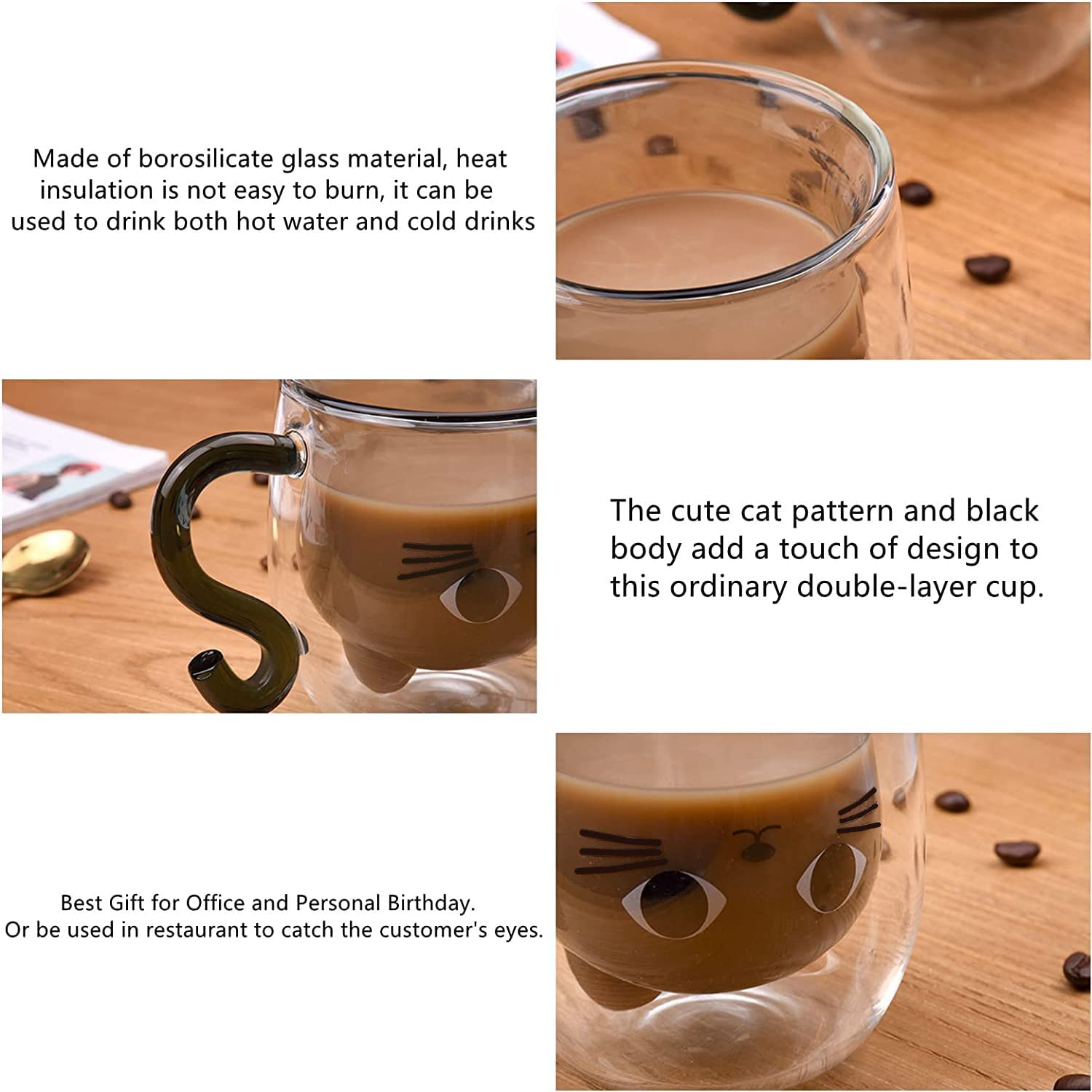 Tazza Gatto Qinhai - Vetro Doppia Parete, Idea Regalo Per Donne, Amiche, Compleanno O Natale - Foto 4