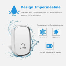 Carica l'immagine nel visualizzatore di Gallery, YYQ Campanello Senza Fili da Esterno Impermeabile IP44, Wireless Doorbell con Raggio d’Azione 300M, Indicatore LED, 1 Trasmettitore Pulsante e 2 Ricevitori, 5 Volume Regolabile, 36 Suonerie (Bianco)
