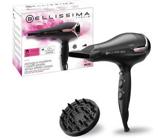 Imetec Bellissima Asciugacapelli K9 2300 Asciuga e Mantiene Idratati i Capelli senza Effetto Crespo, 2300 W, Tecnologia a Ioni, 8 Combinazioni Flusso d'Aria Temperatura, Diffusore Incluso