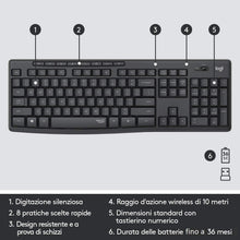 Carica l'immagine nel visualizzatore di Gallery, Logitech MK295 Kit Mouse e Tastiera Wireless, Tecnologia Silenttouch, Tastierino Numerico, Tasti Scelta Rapida, Tracciamento Ottico, Ricevitore USB Nano, Layout Italiano Qwerty, Grigio