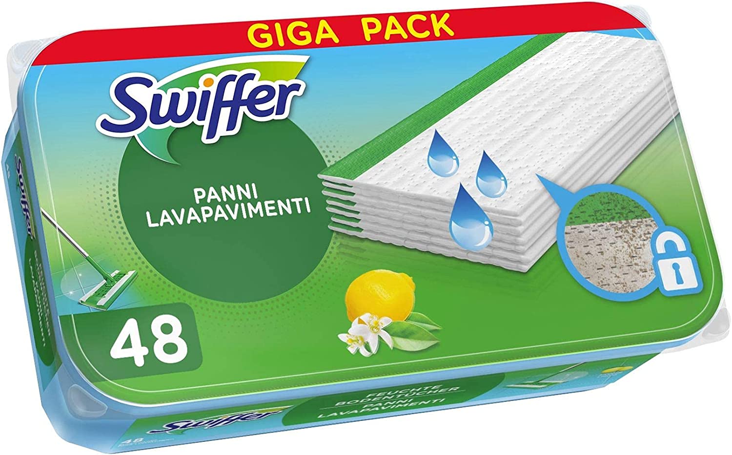 Swiffer Wet Lavapavimenti, 48 Panni Umidi, Limone, Maxi Formato, Puliz –