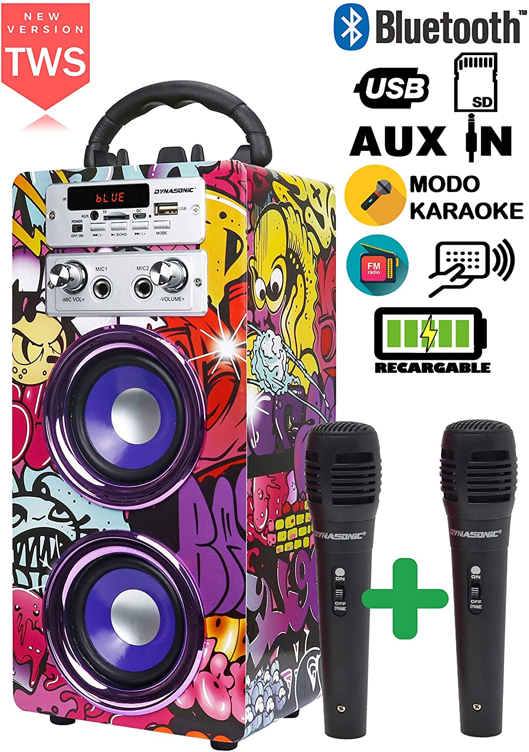 DYNASONIC 025 -Cassa Bluetooth Altoparlante Karaoke 10W | Wireless portatile con microfono incluso | Lettore SD USB e lettore Mp3, Radio FM, Modello 1 [Classe di efficienza energetica A+]