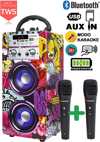 DYNASONIC 025 -Cassa Bluetooth Altoparlante Karaoke 10W | Wireless portatile con microfono incluso | Lettore SD USB e lettore Mp3, Radio FM, Modello 1 [Classe di efficienza energetica A+]