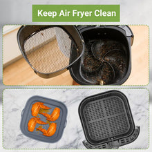 Carica l'immagine nel visualizzatore di Gallery, Alyvisun 2 Pezzi Silicone per Air Fryer Teglie Accessori per Friggitrice ad Aria Contenitori Cestello Riutilizzabile Quadrato Tappetino Stampi per Airfryer, Microonde, Forno (Blu+Grigio)