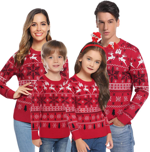 Aibrou Unisex Maglione a Maniera Lunga per Natale, Maglia con Modello di Renna Neve, Maglioni Famiglia Coordinati per papà Mamma Bambini