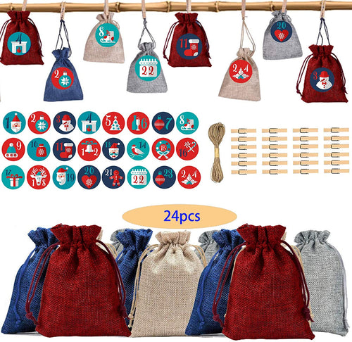 Borsa per calendario natalizio con conto alla rovescia, calendari dell'Avvento fai-da-te, sacchetti piccoli,sacchetti dell'Avvento con coulisse con 24 clip in legno e corda di canapa, riutilizzabili